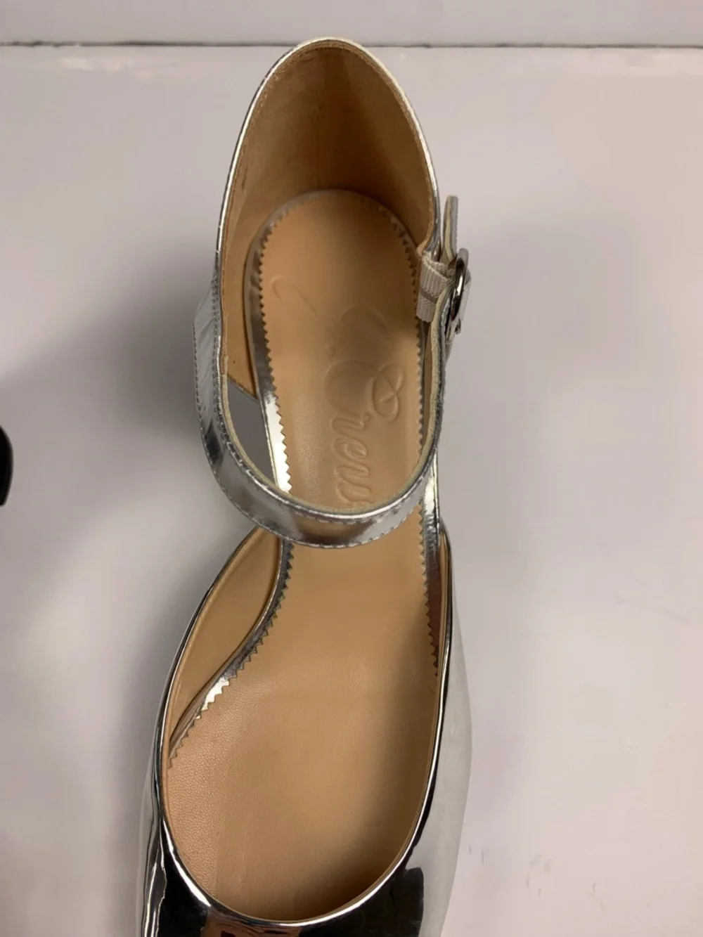 J.Crew Maisie Silver Leather Mary Jane Block Heels Black Cap Toe 9.5